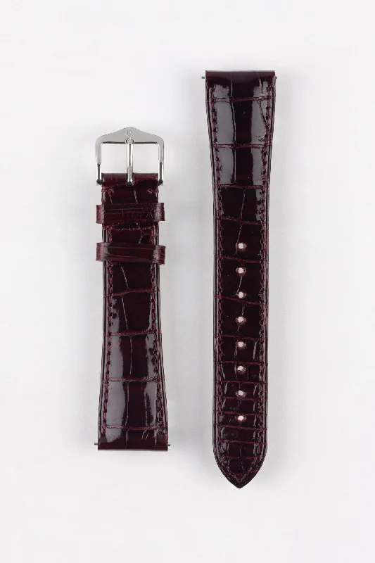 titanium military-style watches-Hirsch LONDON Shiny Alligator Leather Watch Strap in BURGUNDY