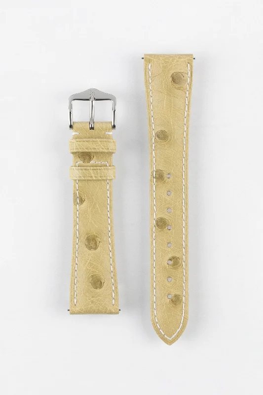 automatic mechanical diver watches-Hirsch MASSAI OSTRICH Leather Watch Strap in BEIGE With WHITE Stitching