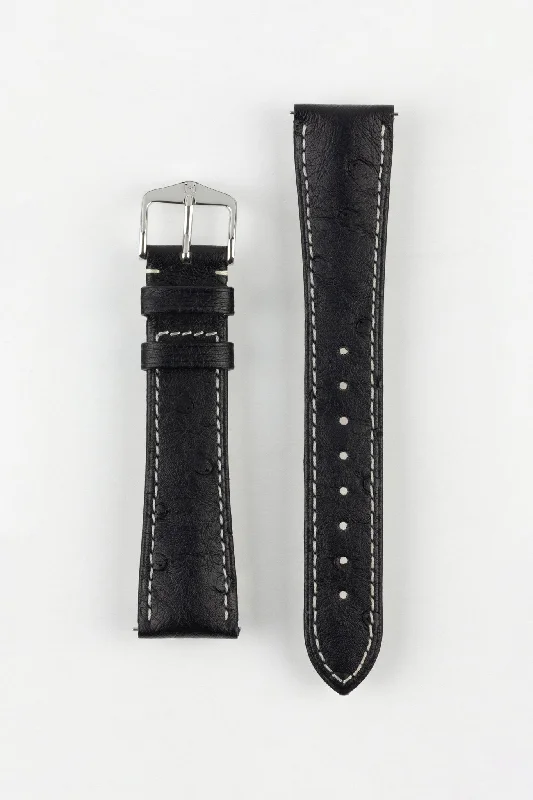 smartwatch with instant fitness insights-Hirsch MASSAI OSTRICH Leather Watch Strap in BLACK with WHITE Stitching