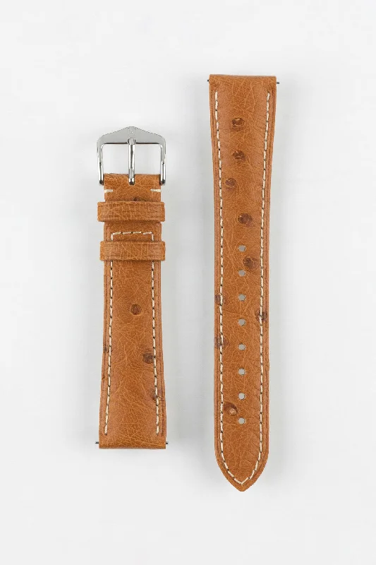 digital watches with multiple sport modes-Hirsch MASSAI OSTRICH Leather Watch Strap in GOLD BROWN with WHITE Stitching