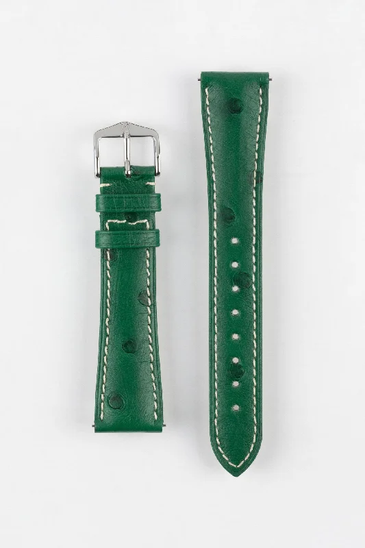 smartwatch with workout progress tracking-Hirsch MASSAI OSTRICH Leather Watch Strap in GREEN With WHITE Stitching