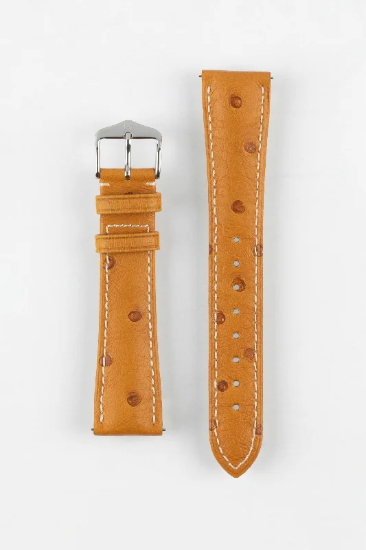 smartwatch with wrist-based ECG tracking-Hirsch MASSAI OSTRICH Leather Watch Strap in HONEY With WHITE Stitching