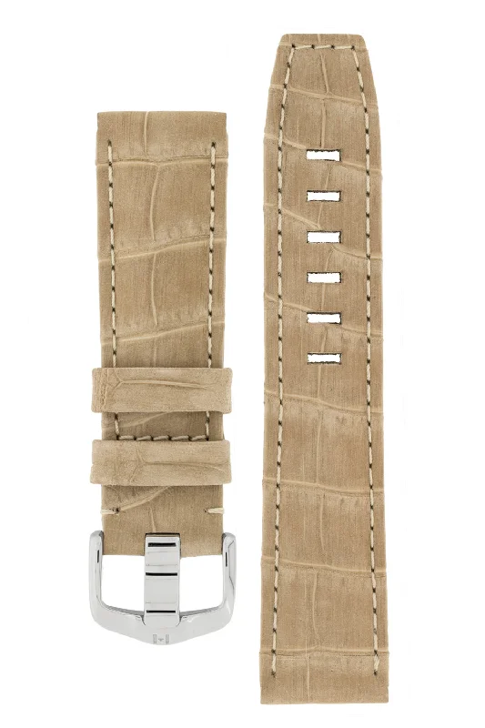 smartwatch with stress management features-Hirsch TRITONE Nubuck Alligator Leather Watch Strap in BEIGE with WHITE Stitching