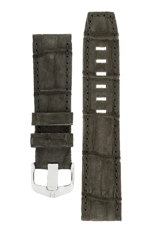 men's sporty wristwatches-Hirsch TRITONE Nubuck Alligator Leather Watch Strap in BLACK