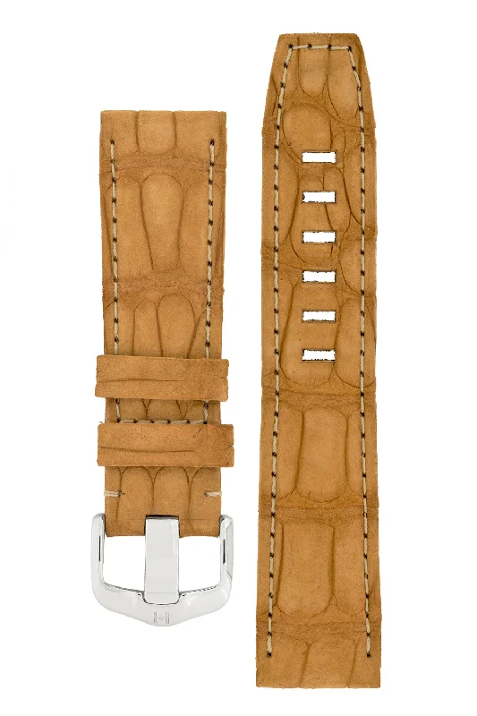 smartwatch with altitude and pressure sensor-Hirsch TRITONE Nubuck Alligator Leather Watch Strap in GOLD BROWN