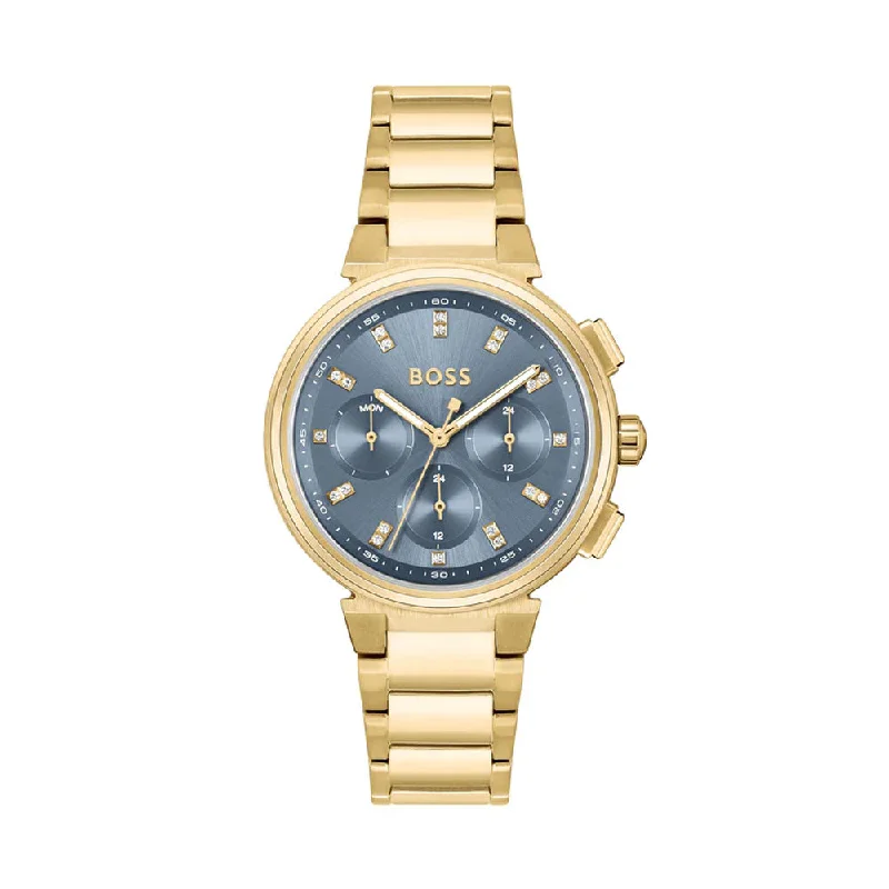 luxury mechanical wristwatches-Hugo Boss Gold Steel Blue Dial Multi-Function Women's Watch - 1502677