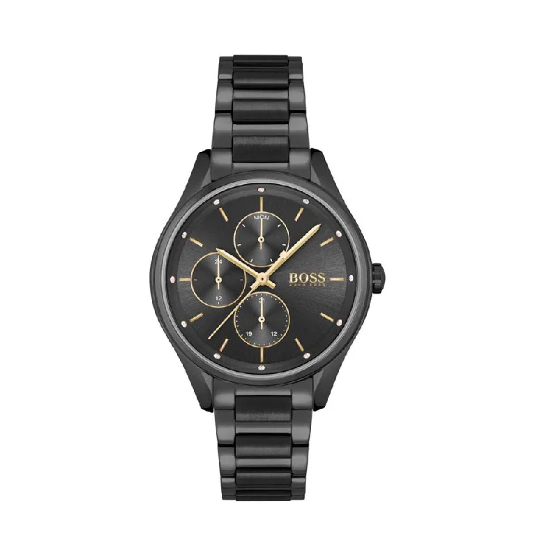 mechanical skeleton watches for men-HugoBoss Grand Course Multifunction 12 Gemstones Black Round Dial Women's Watch- 1502605