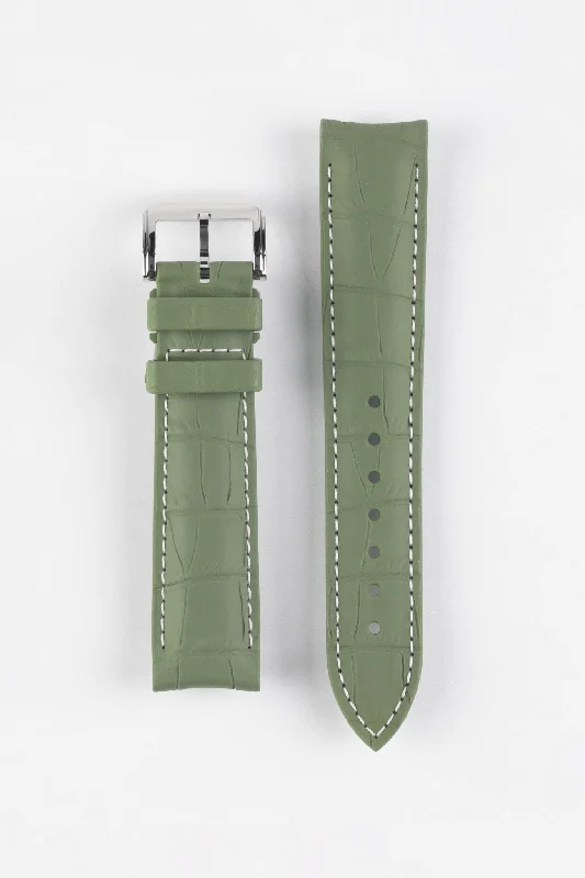 high-performance diving smartwatches-ISOSWISS SKINSKAN Alligator-Embossed Rubber Watch Strap in KHAKI GREEN with White Stitch