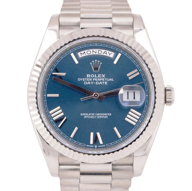 solar-powered outdoor adventure watches-MINT PAPERS Rolex Day-Date President 40mm BLUE ROMAN 18K White Gold 228239 BOX