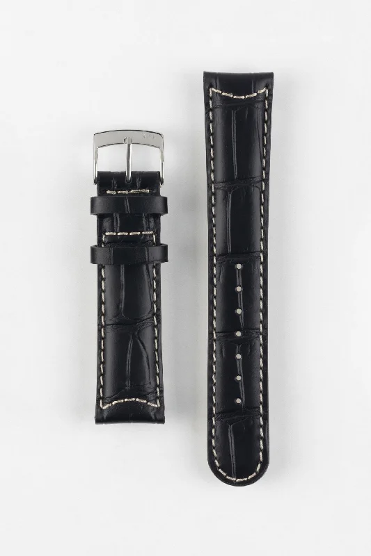 digital watches with world time function-Morellato GUTTUSO Alligator-Embossed Leather Watch Strap in BLACK