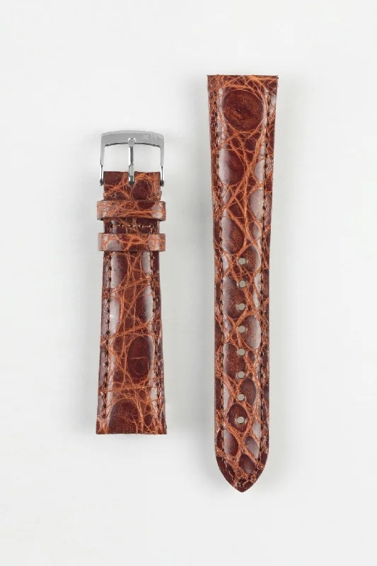 quartz watches with sport functionality-Morellato MOMBASA Genuine Crocodile Watch Strap in GOLD BROWN