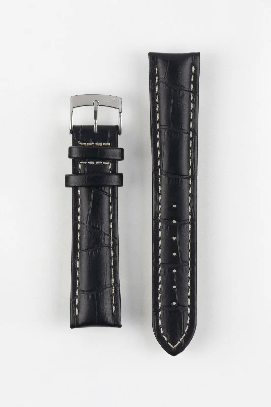 analog wristwatches with date function-Morellato PLUS Alligator-Embossed Calfskin Leather Watch Strap in BLACK