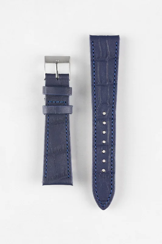 smartwatch with sleep cycle analysis-Pebro NILE Crocodile-Embossed Calfskin Leather Watch Strap in BLUE