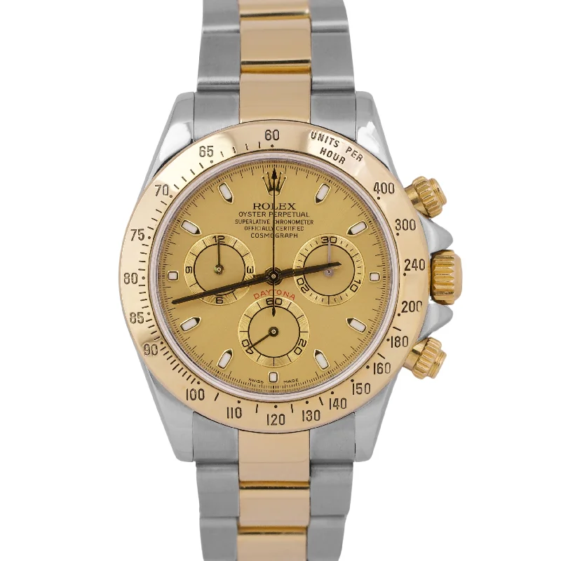 women's luxury dress wristwatches-Rolex Daytona Cosmograph CHAMPAGNE 18K Yellow Gold Stainless Steel Watch 116523