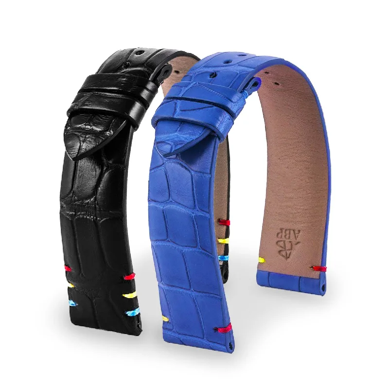 solar-powered analog watches-Bracelet pour montre cuir - Royal England - Alligator (Bleu - Rouge et doré / Noir - Rouge, bleu et doré)