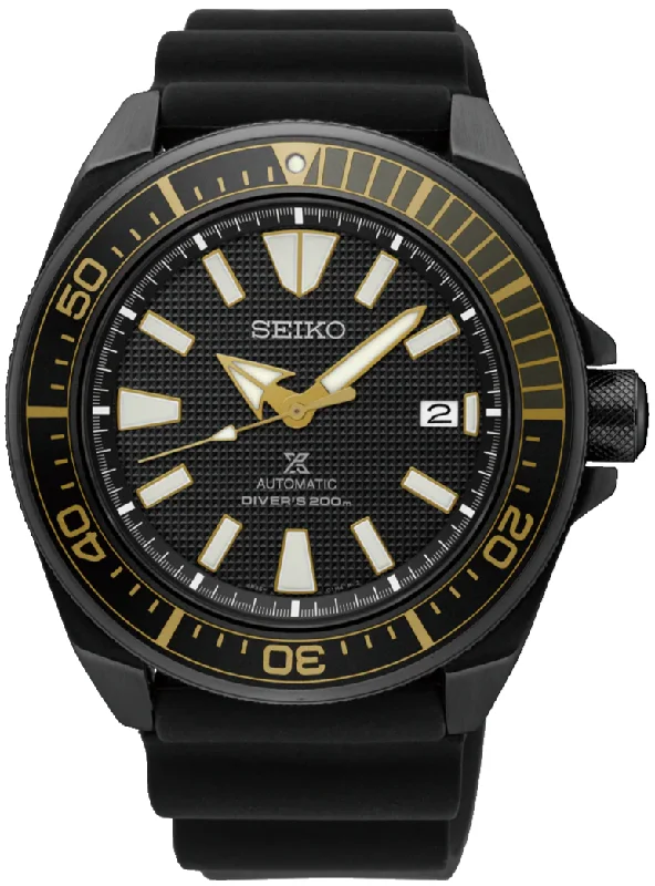 smartwatch with wrist-based ECG tracking-Seiko Prospex Automatic 200M Diver Black-Gold Tone Samurai SRPB55